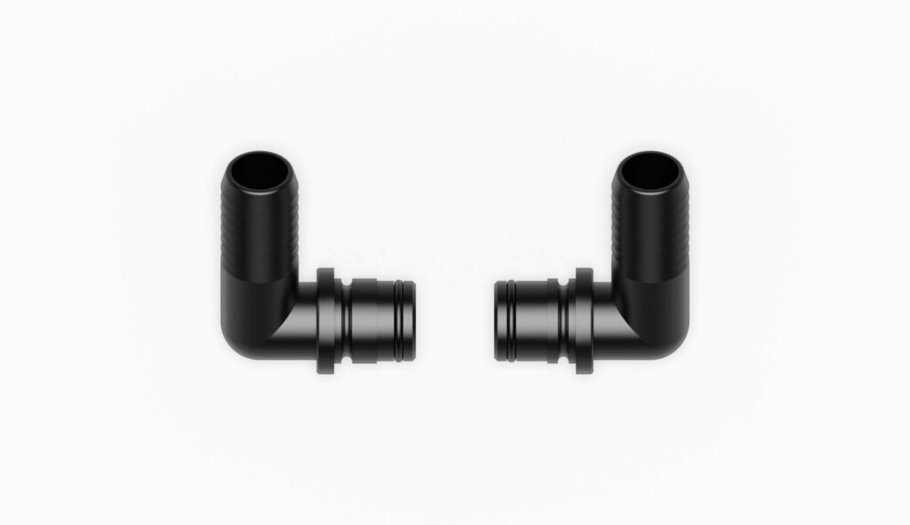 Zwei schwarze Rohrbögen mit Steckverbindungen, die in einem rechten Winkel angeordnet sind.