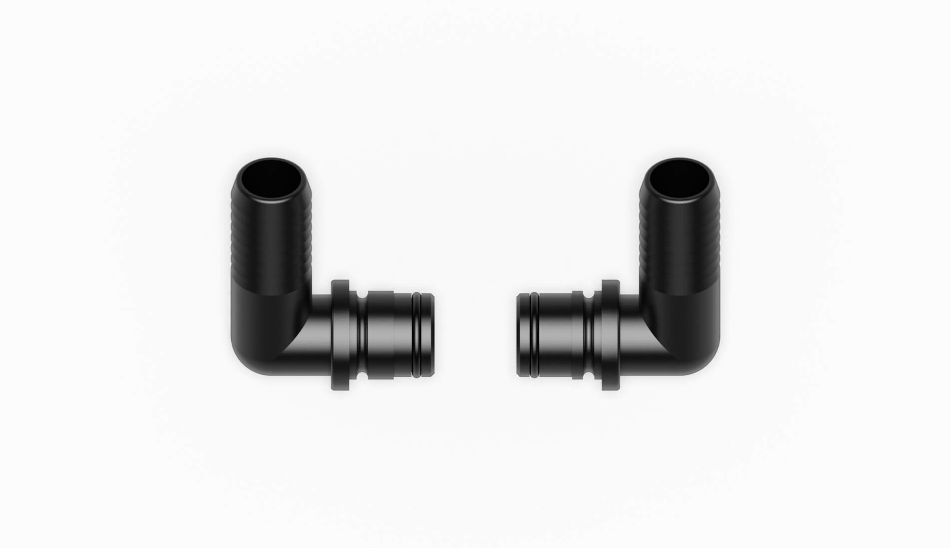 Zwei schwarze Rohrbögen mit Steckverbindungen, die in einem rechten Winkel angeordnet sind.
