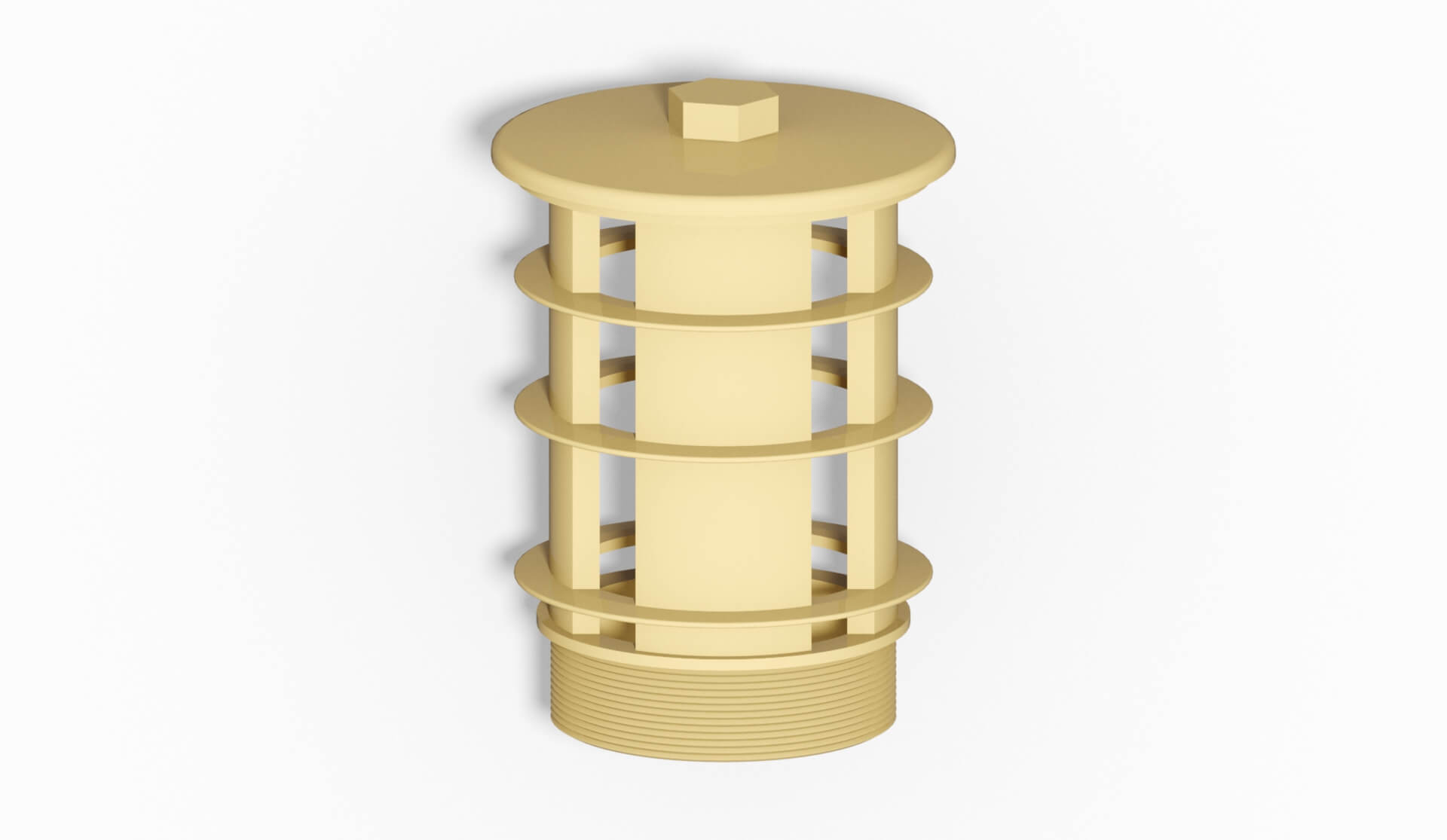 Gelbe Filterdüse mit mehreren Rillen und einem gewindeförmigen Anschluss an der Unterseite.