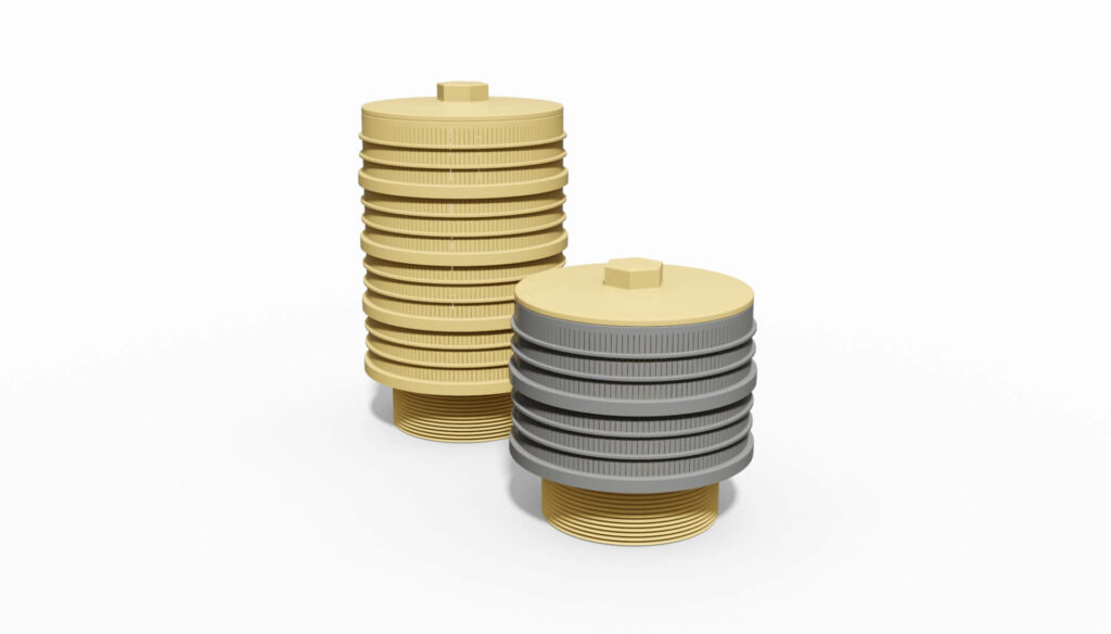 Zwei Filterdüsen in gelb und grau mit gerippten Oberflächen und Gewinde.