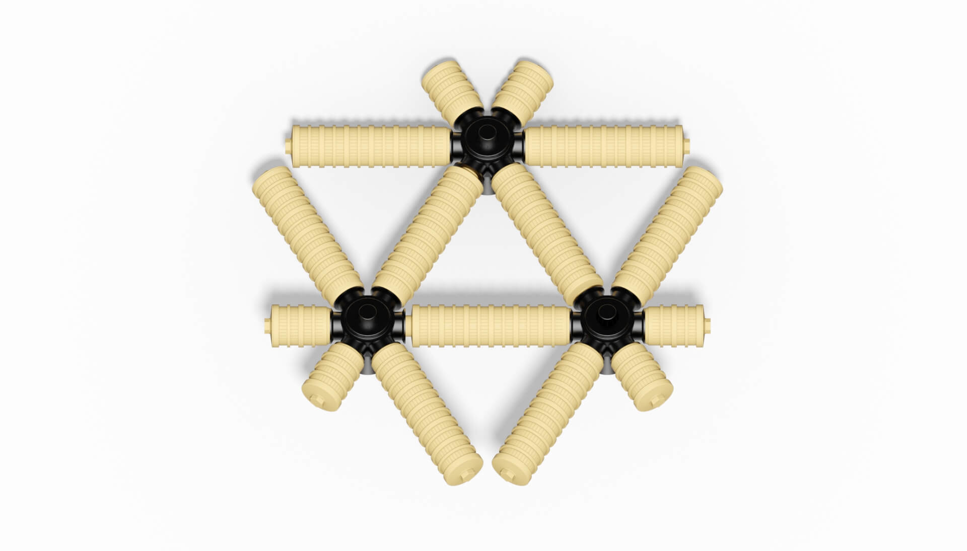 Anordnung von Filterdüsen aus Kunststoff mit schwarzem Verbindungselement in einem geometrischen Muster.