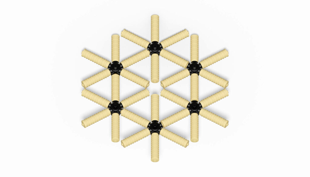 Sechseckige Anordnung von Filterdüsen mit beige-farbenen Griffen und schwarzen Verbindungsstücken.