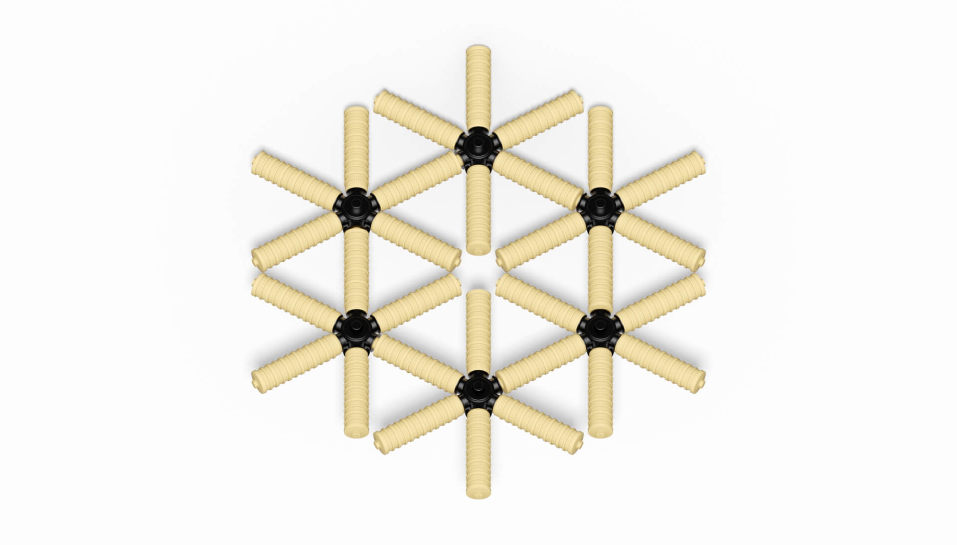 Sechseckige Anordnung von Filterdüsen mit beige-farbenen Griffen und schwarzen Verbindungsstücken.