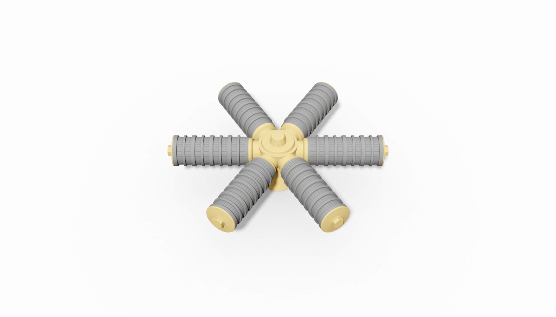 Mehrere graue und beige Filterdüsen mit einem zentralen Verbindungselement in einem symmetrischen Design.