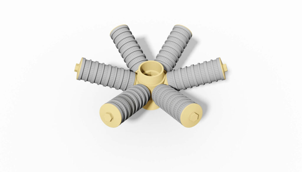 Mehrere graue Filterdüsen mit gelben Enden, die in einem kreisförmigen Muster angeordnet sind.