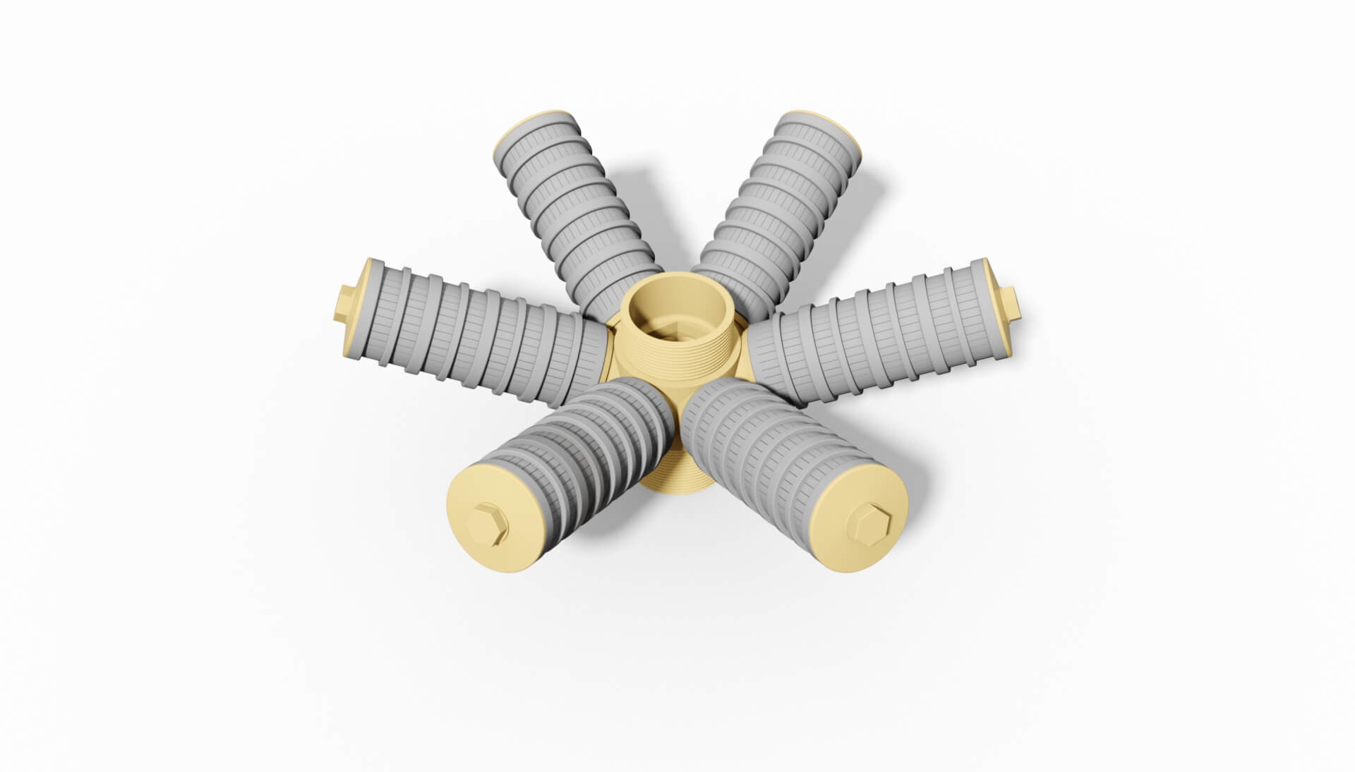 Mehrere graue Filterdüsen mit gelben Enden, die in einem kreisförmigen Muster angeordnet sind.