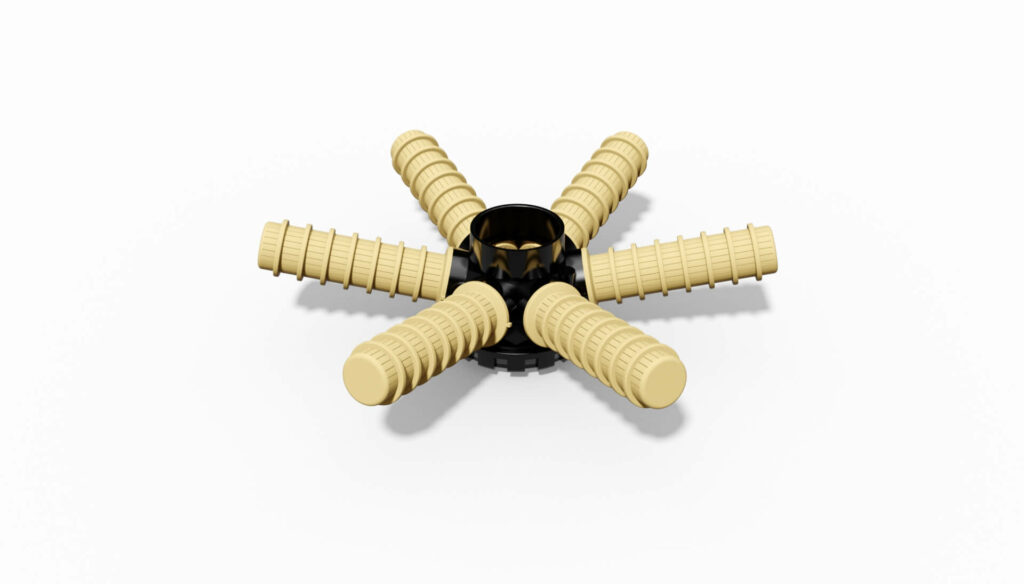 Filterdüse mit sechs Auslässen in beige und schwarzem Gehäuse für industrielle Anwendungen.