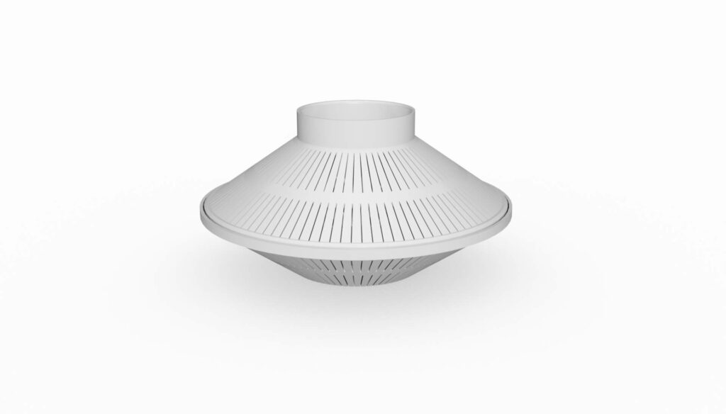 Weißer Filterdüse mit einem konischen Design und perforierter Oberfläche zur Wasserfiltration.