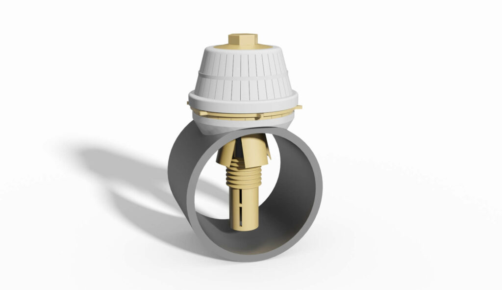 Technische Darstellung einer Filterdüse mit einer grauen Halterung und einem weißen Oberteil.