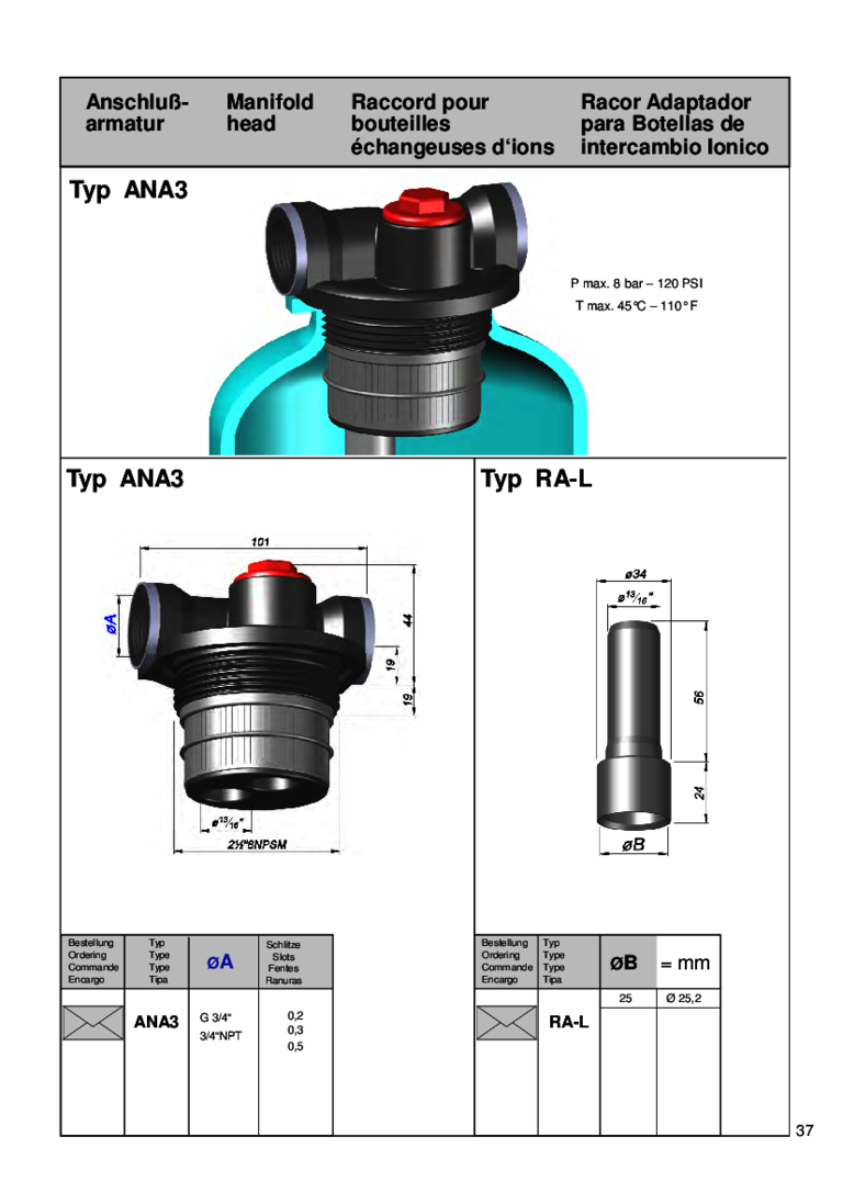 Technische Zeichnung einer Anschlussarmatur vom Typ ANA3 mit Maßangaben und Spezifikationen.