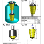 Technische Zeichnung von Filterdüsen Typ GDO und GDU mit Maßangaben und Diagramm.