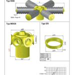Technische Zeichnung von Filterdüsen-Sternen mit 6 Armen, einschließlich Maßangaben und Diagramm.