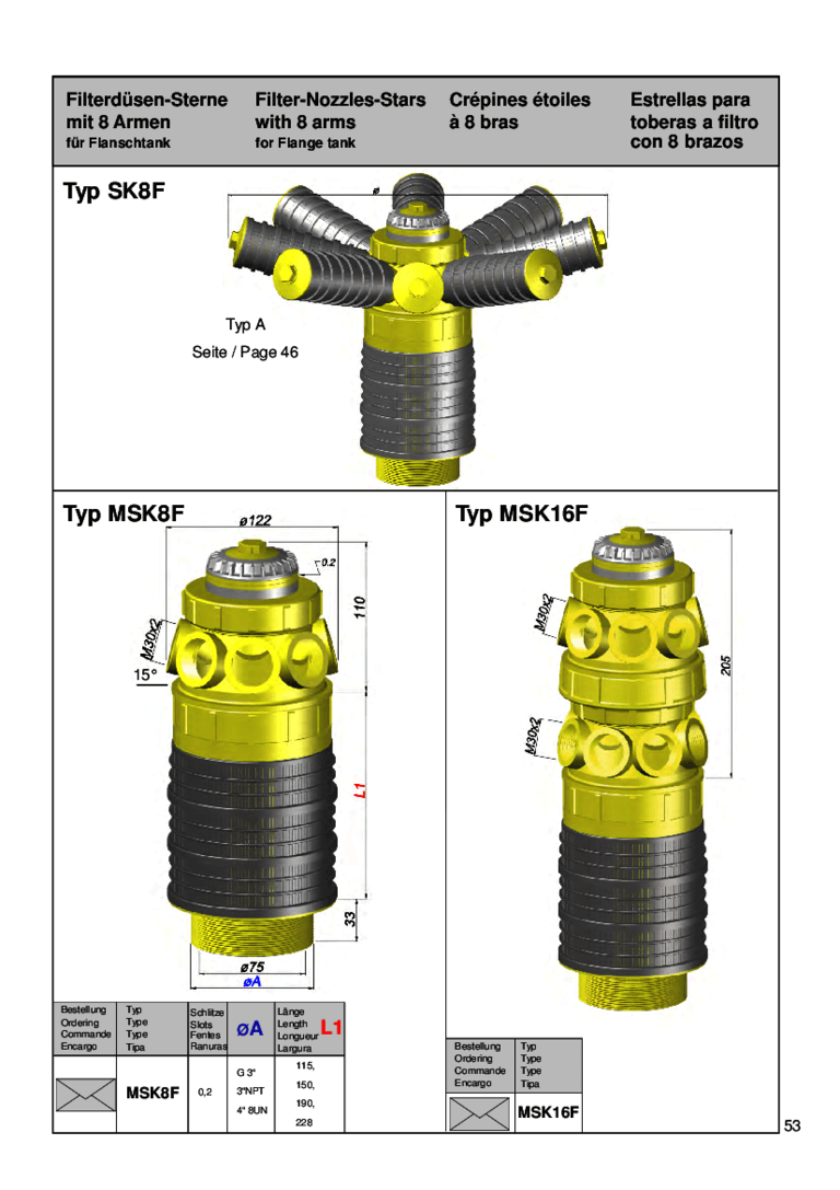 Technische Zeichnung von Filterdüsen-Sternen mit 8 Armen für Flanschtanks, Typ SK8F und MSK8F.