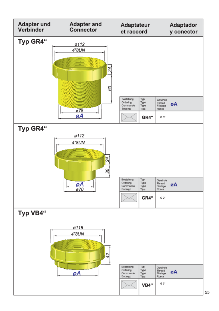 Technische Zeichnung von Adaptern und Verbindern in verschiedenen Typen und Größen.