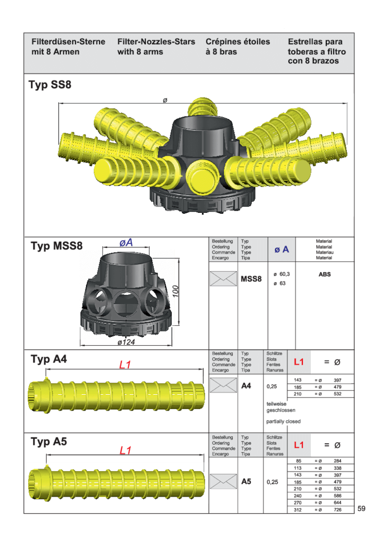 Technische Zeichnung eines Filterdüsen-Sterns mit 8 Armen in gelb und schwarz.