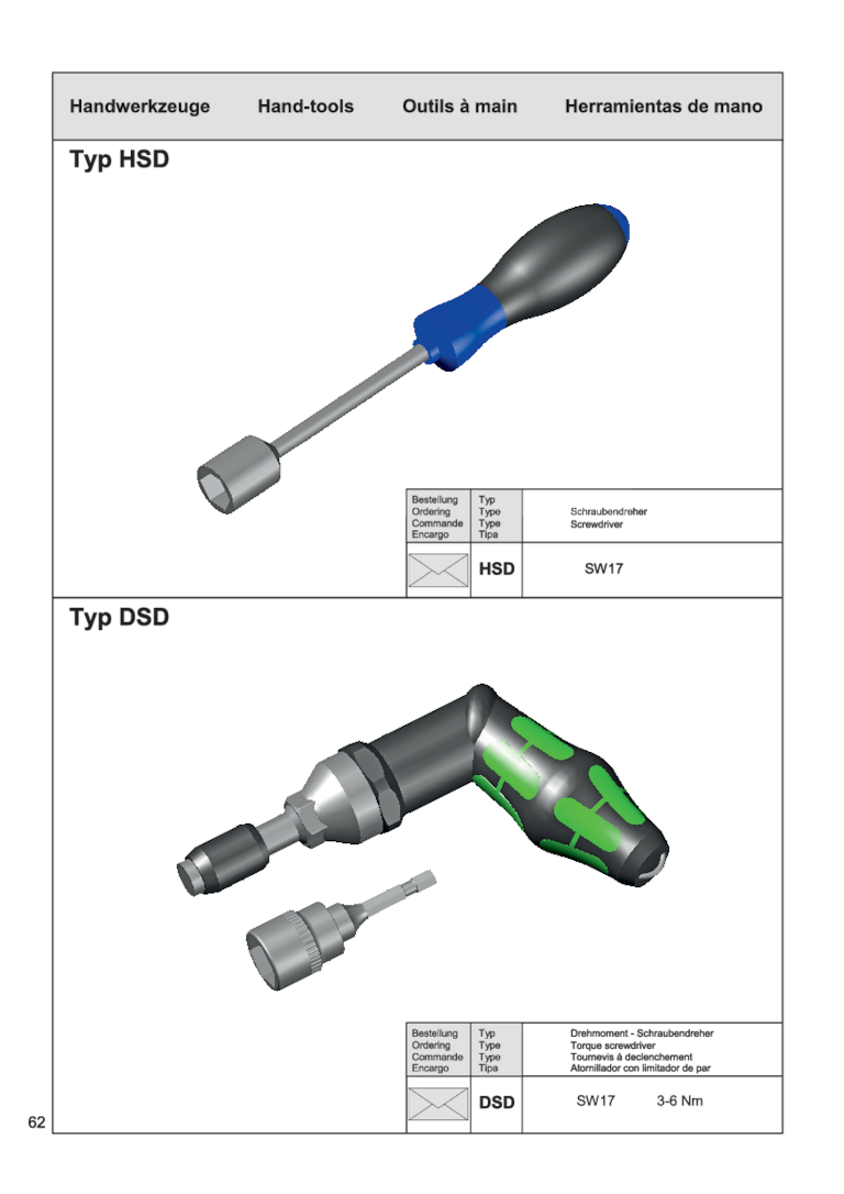 Abbildung von Handwerkzeugen Typ HSD und DSD mit unterschiedlichen Griffen und Aufsätzen.