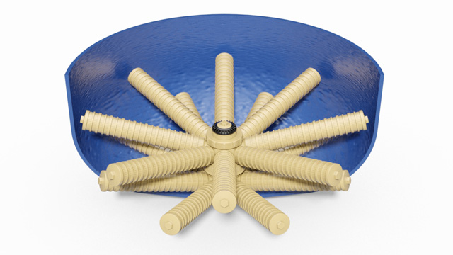 Technisches Design einer Filterdüse mit mehreren Auslässen in einem blauen Behälter.