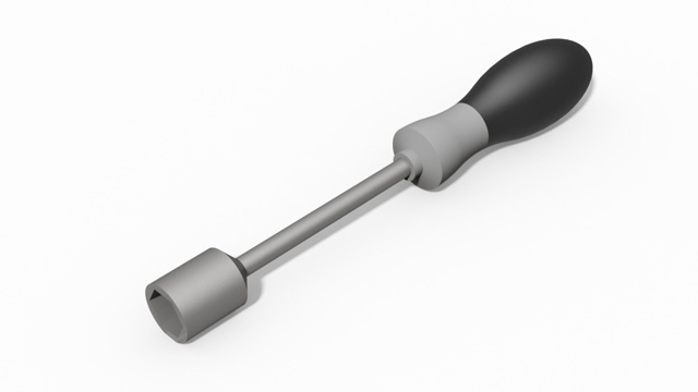 Schraubendreher mit einem langen Griff und einem Steckschlüsseleinsatz aus Metall.