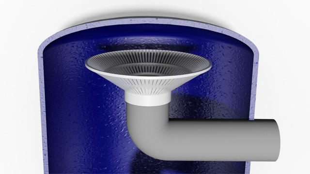 Technische Darstellung eines Sternsystems für Filterdüsen mit einem grauen Rohr und einem weißen Filterelement.