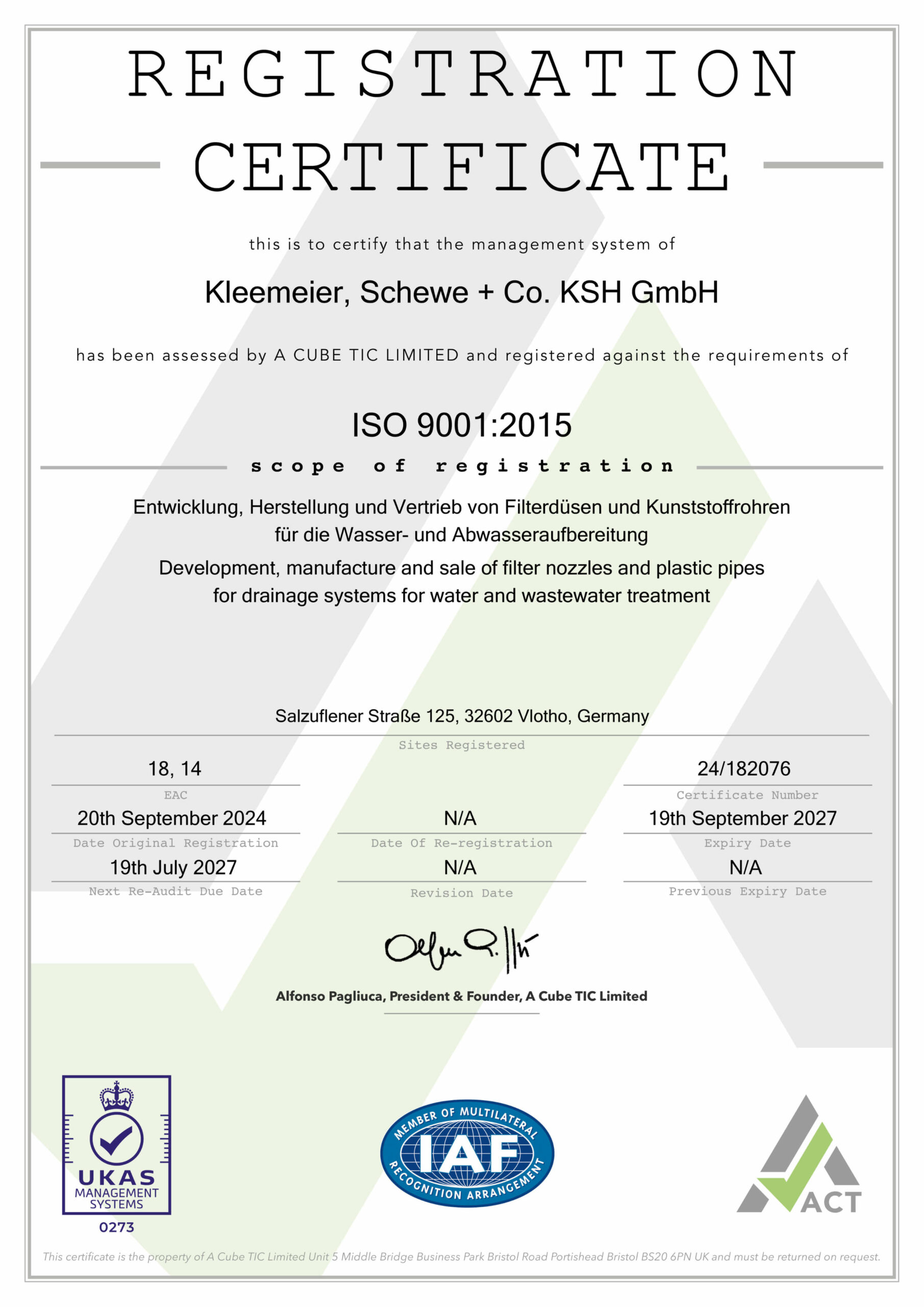 Registrierungszertifikat für KSH GmbH, das die ISO 9001:2015-Zertifizierung bestätigt.