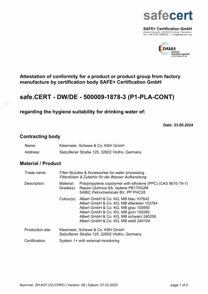 Zertifikat von KSH GmbH über die Eignung von Produkten für die Trinkwasseraufbereitung.