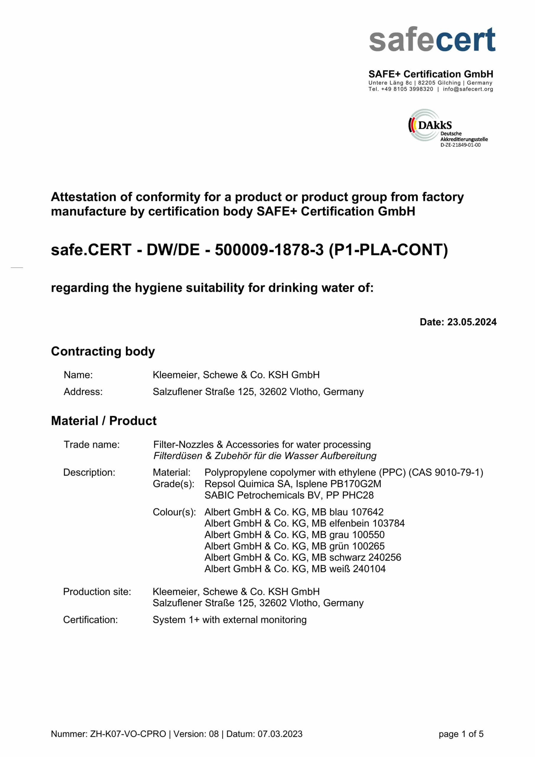 Zertifikat von KSH GmbH über die Eignung von Produkten für die Trinkwasseraufbereitung.