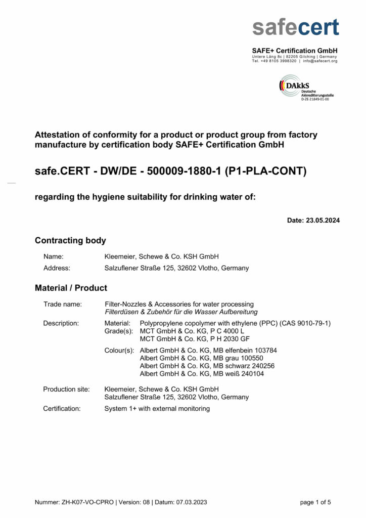 Zertifikat von SAFE+ Certification GmbH für Filterdüsen und Zubehör zur Wasseraufbereitung.