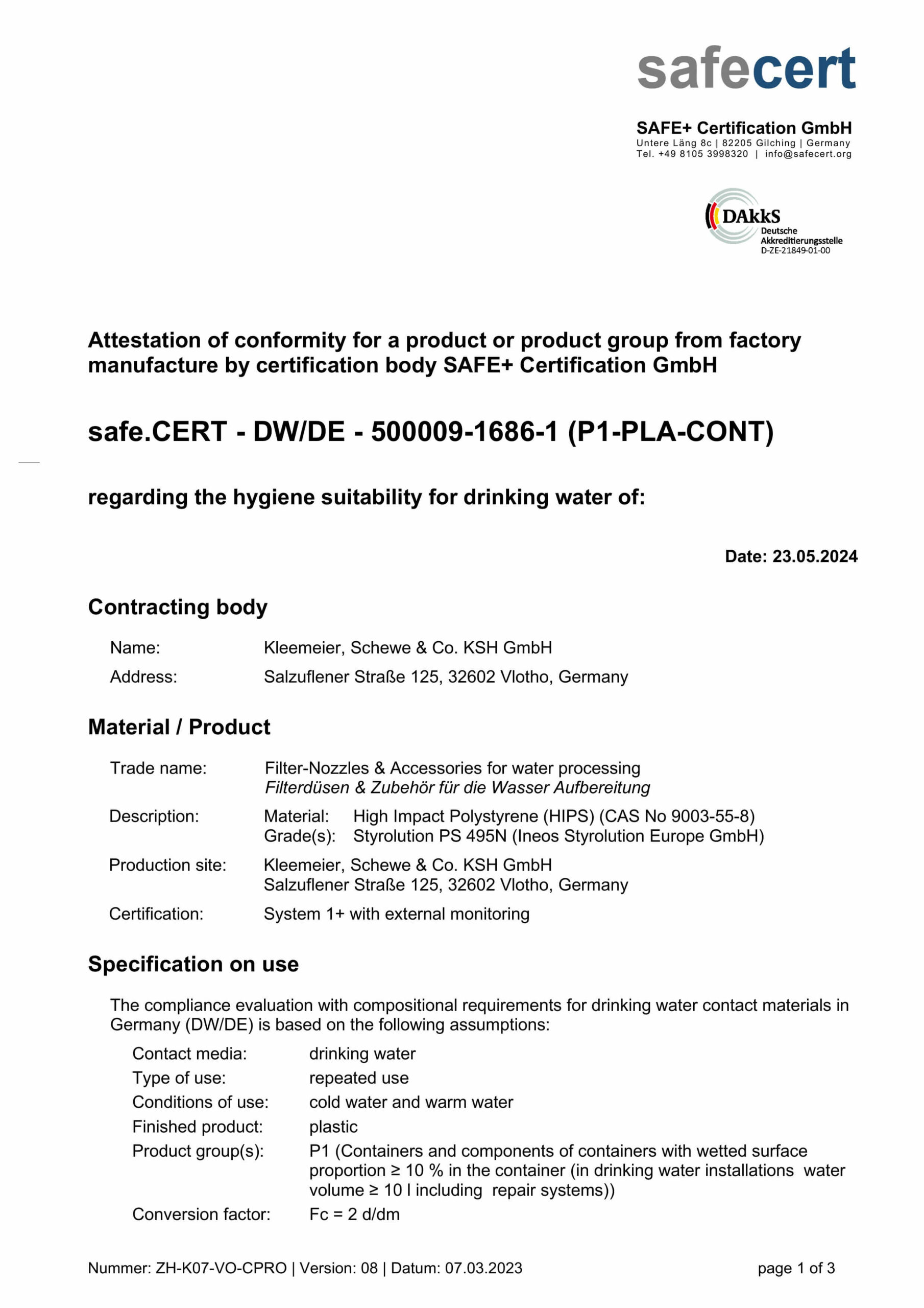 Zertifikat von SAFE+ Certification GmbH für Filterdüsen und deren Eignung für Trinkwasser.