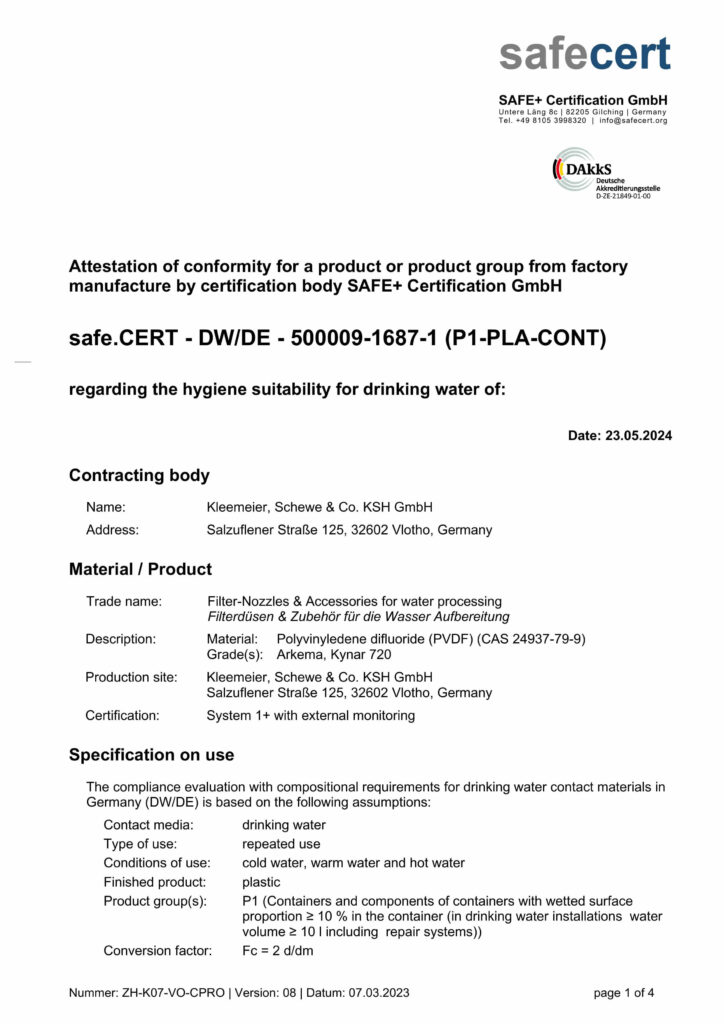 Zertifikat von SAFE+ zur Konformität für Filterdüsen und Drainagesysteme von KSH GmbH.