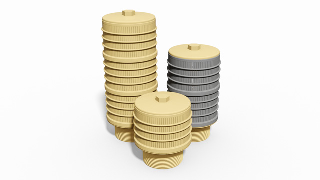 Drei Filterdüsen in beige und grau, gestapelt in unterschiedlichen Höhen und Durchmessern.