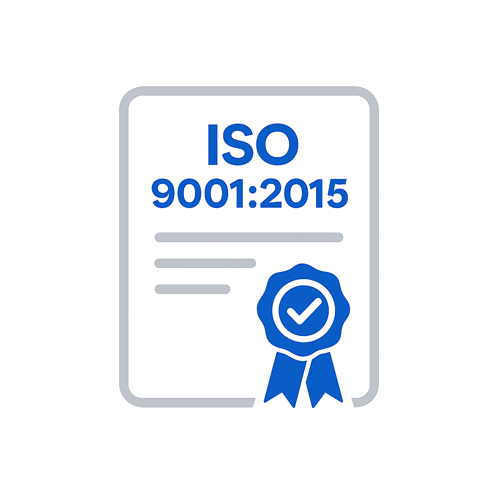 Zertifikat für ISO 9001:2015 mit blauer Schrift und einem Abzeichen mit Häkchen.