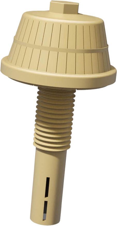 Beige Filterdüse mit geripptem Kegelkörper, Schraubgewinde und Schlitzöffnung vor schwarzem Hintergrund.