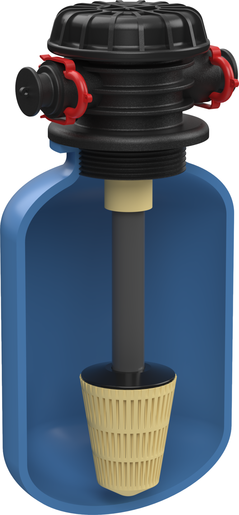 Blaues Filtergehäuse mit schwarzem Kopf, roten Anschlüssen, senkrechtem Innenrohr und beigem, geschlitztem Filterkorb.